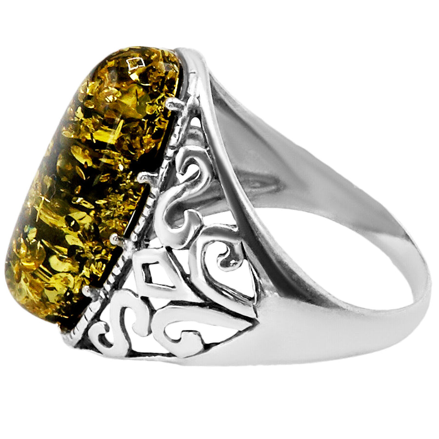 925 Solid Pure Sterling Silver Green Baltic Amber Oval Designer Classic Ring