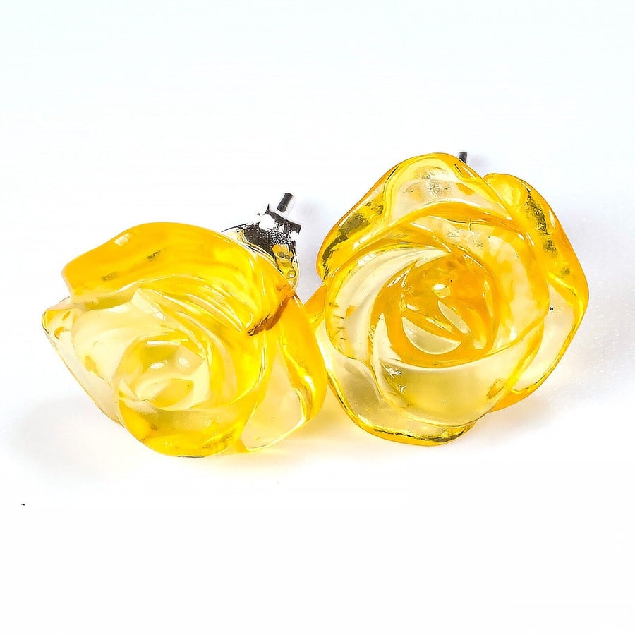 925 Solid Pure Sterling Silver Lemon Baltic Amber Designer Rose Stud Earrings