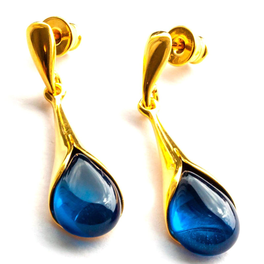 925 Solid Gold Plated Sterling Silver Blue Amber Designer Pretty Drop Earrings
