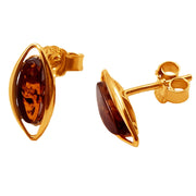 14k Pure Solid Yellow Gold Honey Baltic Amber Marquise Nice Small Stud Earrings