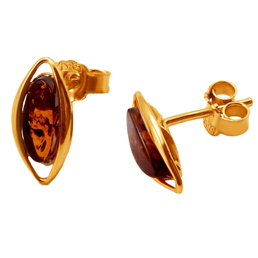 14k Pure Solid Yellow Gold Honey Baltic Amber Marquise Nice Small Stud Earrings