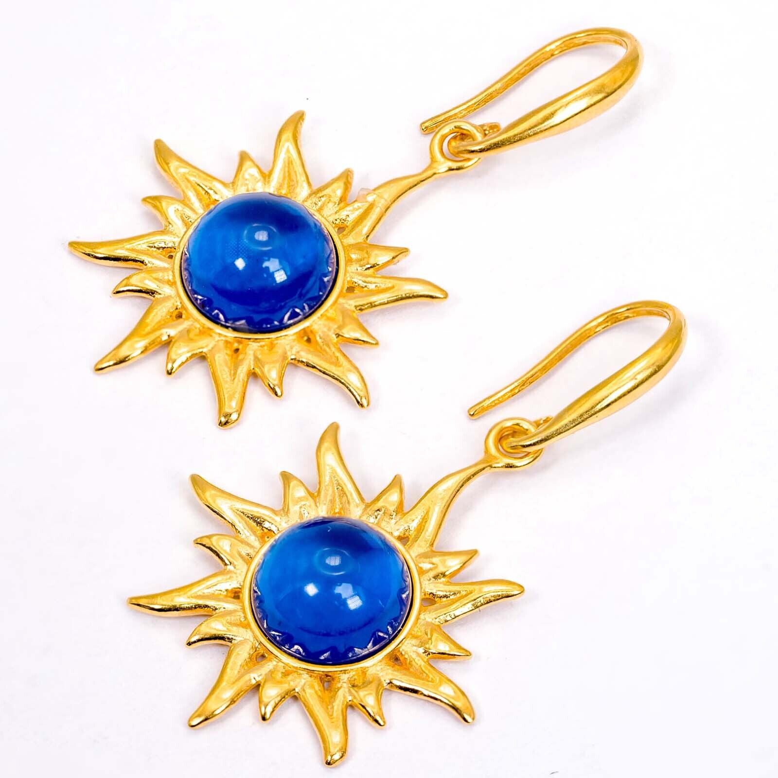 925 Solid Gold Plated Sterling Silver Blue Amber Round Flaming Sun Nice Earrings