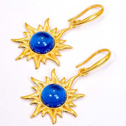 925 Solid Gold Plated Sterling Silver Blue Amber Round Flaming Sun Nice Earrings