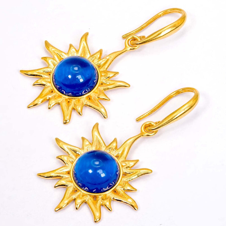 925 Solid Gold Plated Sterling Silver Blue Amber Round Flaming Sun Nice Earrings