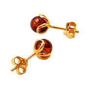 14k Pure Solid Yellow Gold Honey Baltic Amber Flower Designer Small Stud Earring