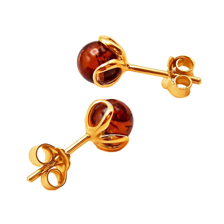 14k Pure Solid Yellow Gold Honey Baltic Amber Flower Designer Small Stud Earring