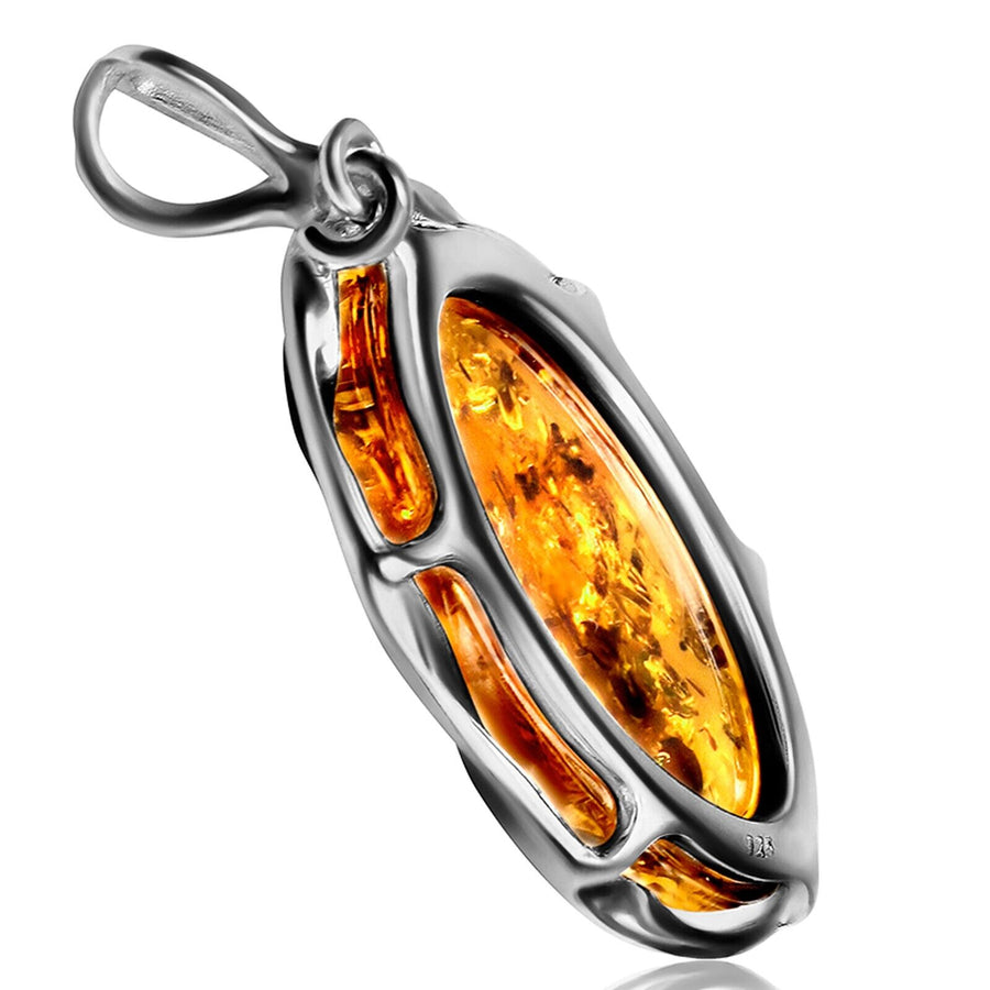 925 Solid Sterling Silver Honey Baltic Amber Designer Oval Beautiful Pendant