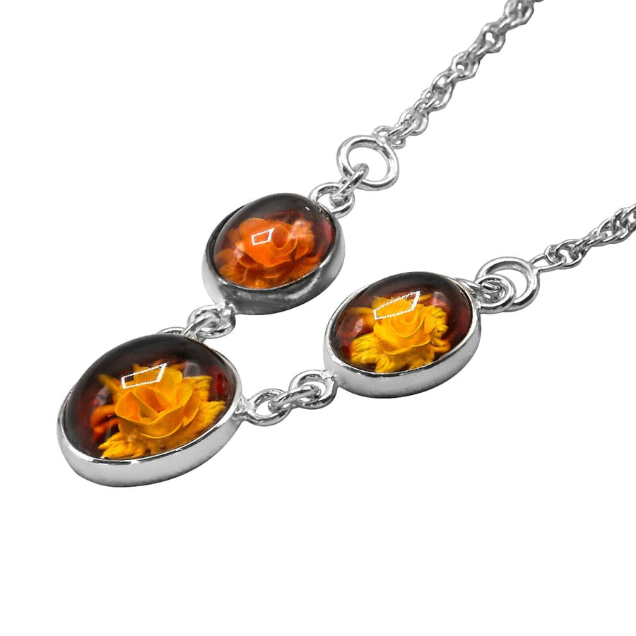 925 Solid Sterling Silver Baltic Amber Carved Cameo Flowers Nice Necklace 17 in
