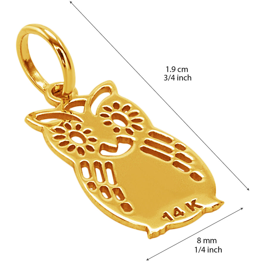 14k Solid Yellow Fine Gold Owl Wisdom Luck Gorgeous Delicate Small Charm Pendant