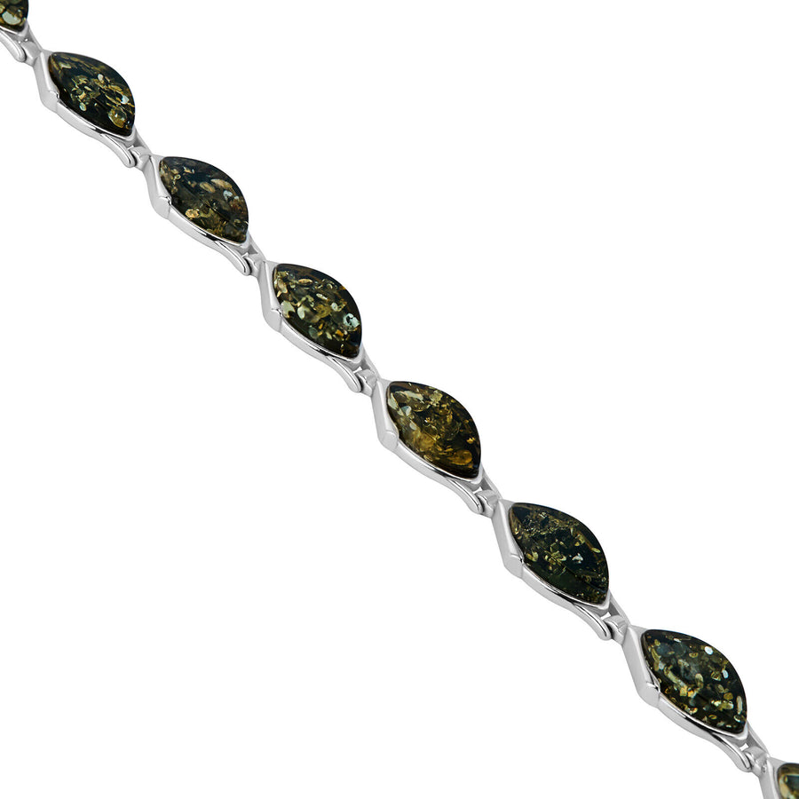 925 Sterling Silver Green Baltic Amber Marquise Adjustable Bracelet 8 Inches
