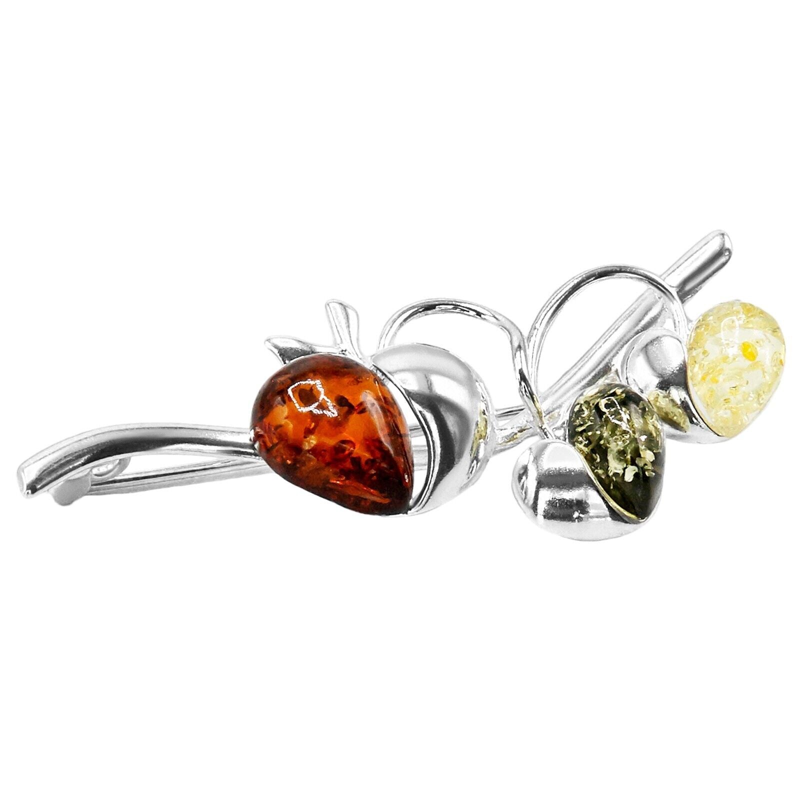 925 Solid Pure Sterling Silver Multicolor Baltic Amber Designer Apples Brooch