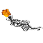 925 Solid Pure Sterling Silver Honey Baltic Amber Designer Nice Rose Brooch Pin