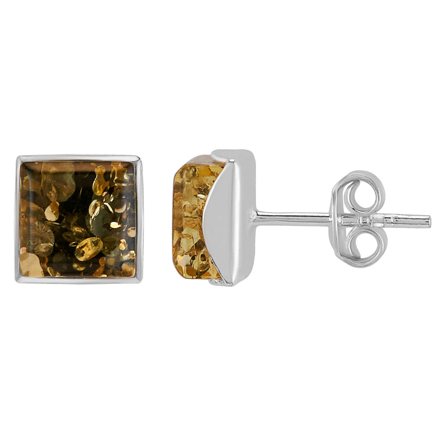 925 Solid Pure Sterling Silver Green Baltic Amber Square Medium Stud Earrings