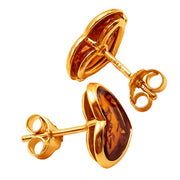 14k Pure Solid Yellow Gold Honey Baltic Amber Heart Nice Medium Stud Earrings