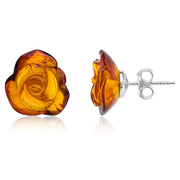 925 Solid Pure Sterling Silver Honey Baltic Amber Designer Rose Stud Earrings
