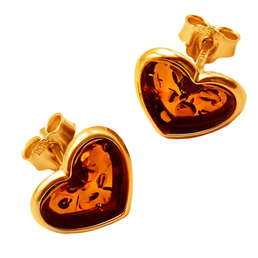 14k Pure Solid Yellow Gold Honey Baltic Amber Heart Nice Medium Stud Earrings