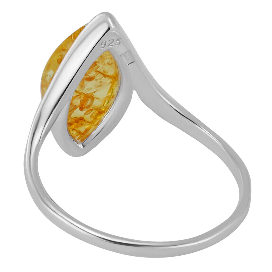 925 Solid Pure Sterling Silver Lemon Baltic Amber Marquise Designer Classic Ring