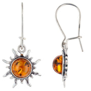 925 Solid Sterling Silver Honey Baltic Amber Sun Round Pretty Earwire Earrings