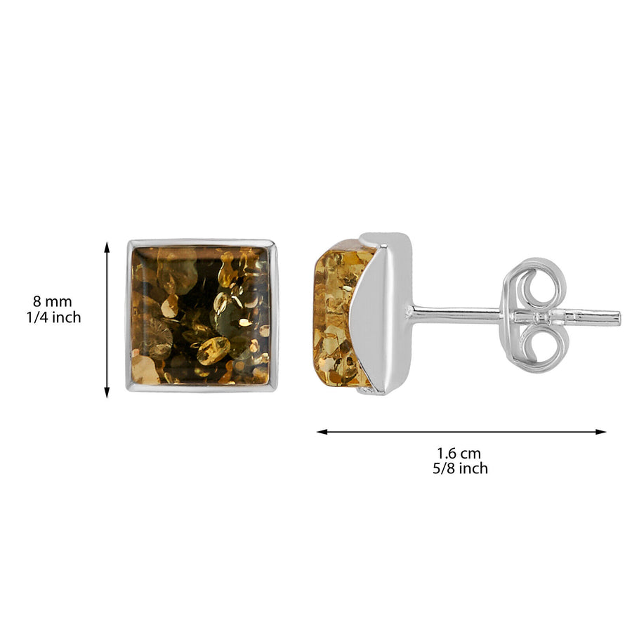 925 Solid Pure Sterling Silver Green Baltic Amber Square Medium Stud Earrings