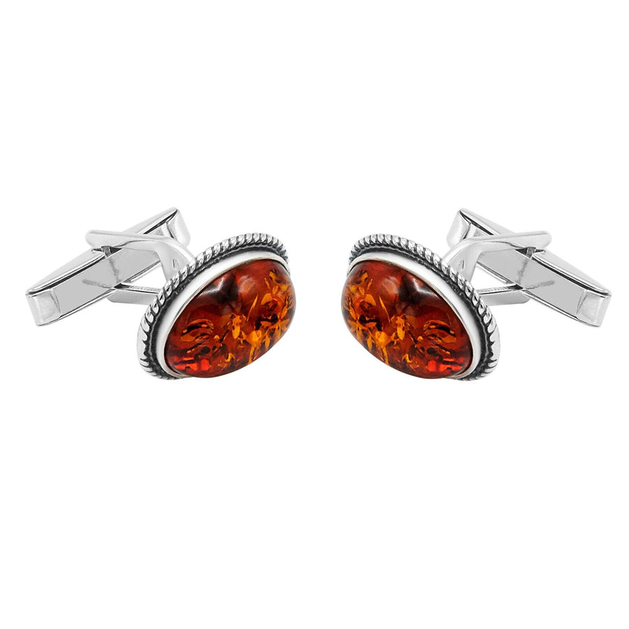925 Solid Sterling Silver Natural Cognac Baltic Amber Oval Filigree Cufflinks