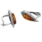 925 Solid Pure Sterling Silver Honey Baltic Amber Marquise Omega Post Earrings