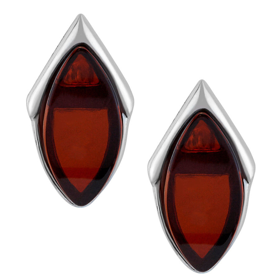 925 Solid Sterling Silver Dark Red Baltic Amber Marquise Stud Pretty Earrings