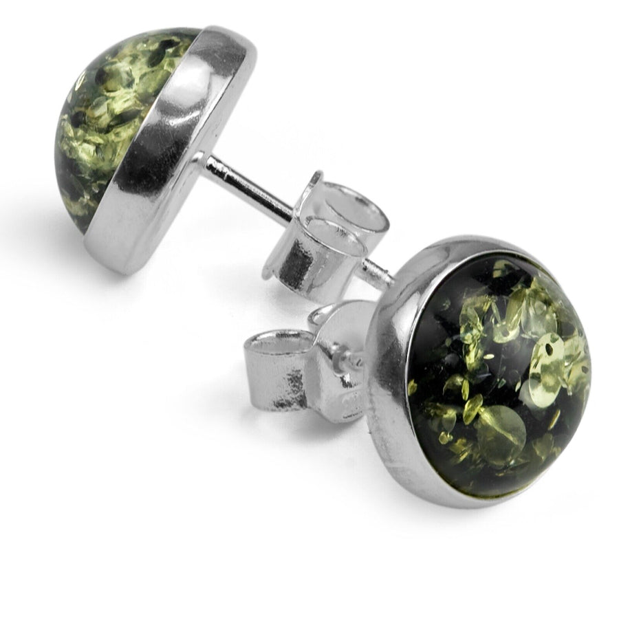 925 Solid Pure Sterling Silver Green Baltic Amber Beautiful Round Stud Earrings