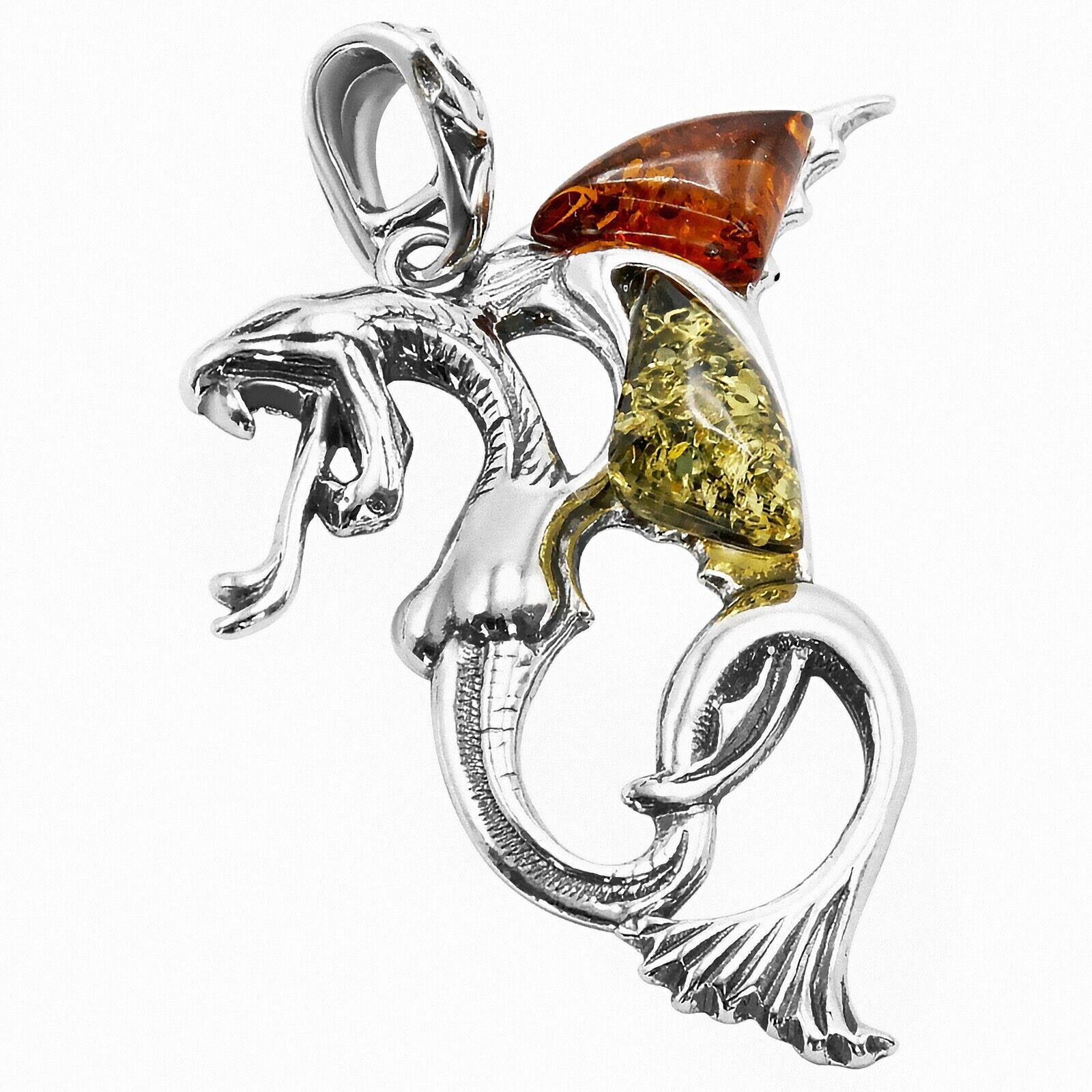 925 Solid Pure Sterling Silver Multicolor Baltic Amber Beautiful Dragon Pendant