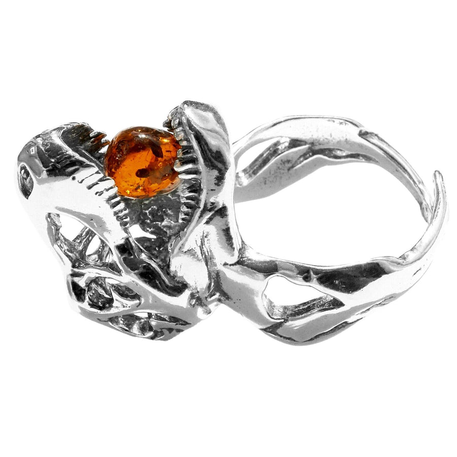 925 Solid Sterling Silver Honey Baltic Amber Jurassic Park T-Rex Adjustable Ring