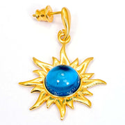 925 Solid Gold Plated Sterling Silver Blue Amber Round Flaming Sun Nice Earrings