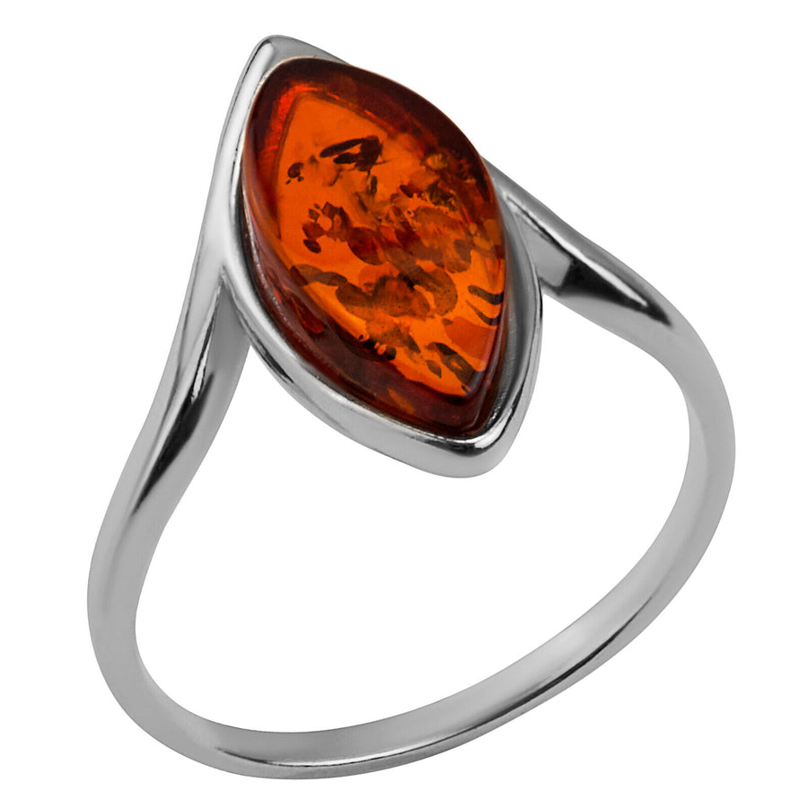 925 Solid Pure Sterling Silver Honey Baltic Amber Marquise Designer Classic Ring