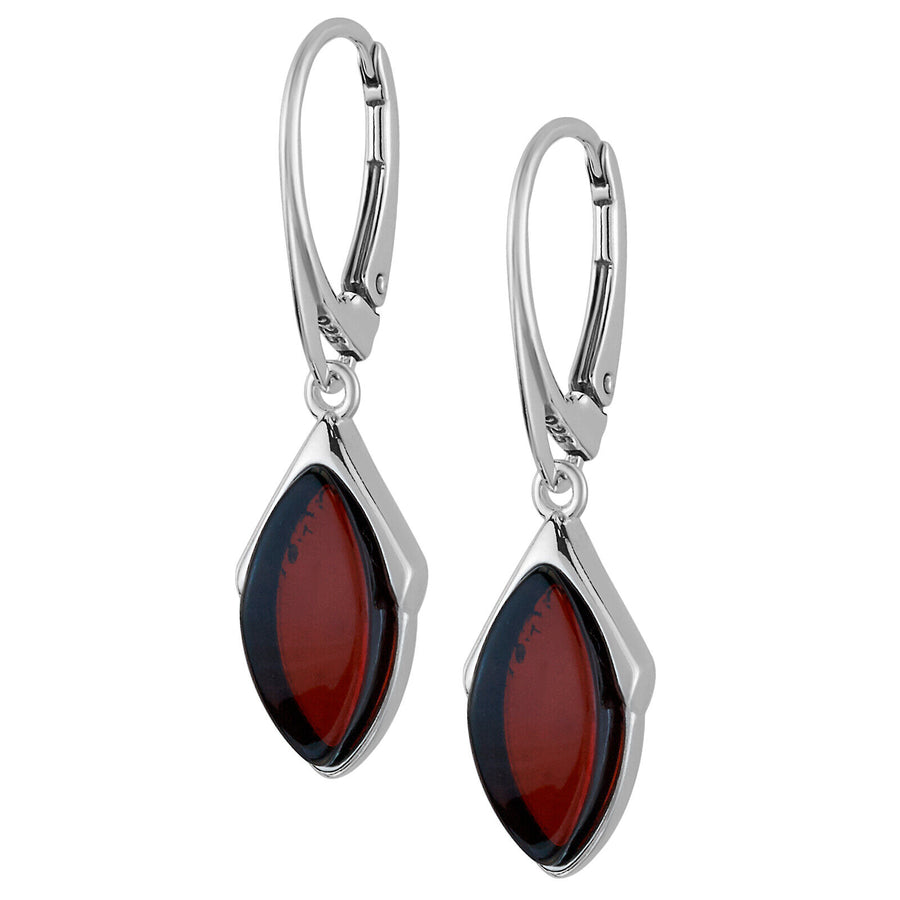 925 Solid Pure Sterling Silver Dark Red Baltic Amber Marquise Leverback Earrings