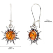 925 Solid Sterling Silver Honey Baltic Amber Sun Round Pretty Earwire Earrings