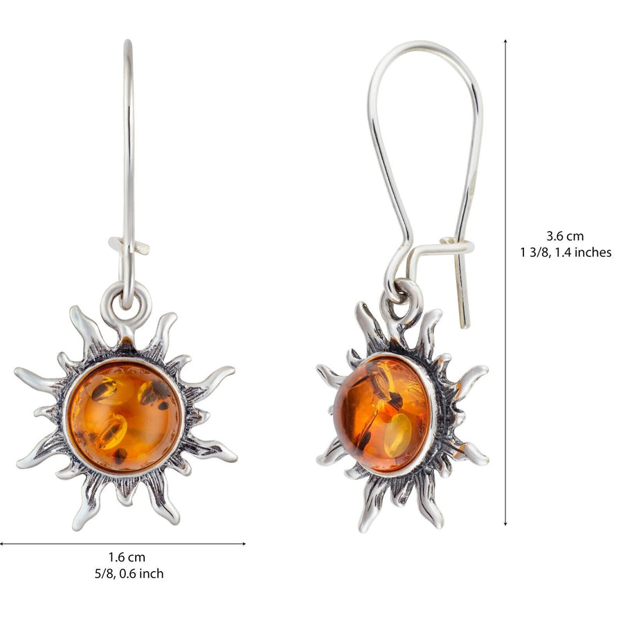 925 Solid Sterling Silver Honey Baltic Amber Sun Round Pretty Earwire Earrings