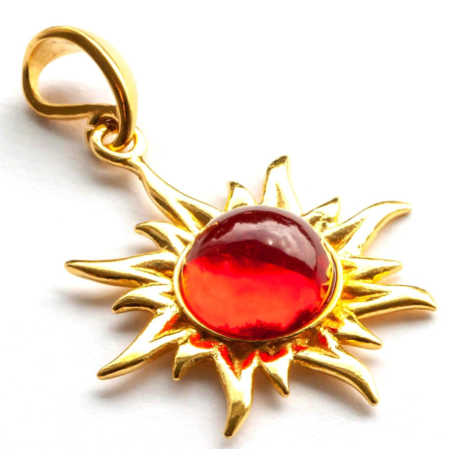 925 Solid Gold Plated Sterling Silver Red Amber Flaming Sun Beautiful Pendant