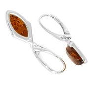 925 Solid Pure Sterling Silver Honey Baltic Amber Marquise Leverback Earrings
