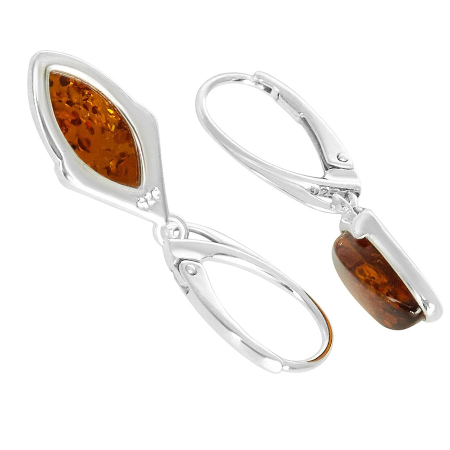 925 Solid Pure Sterling Silver Honey Baltic Amber Marquise Leverback Earrings