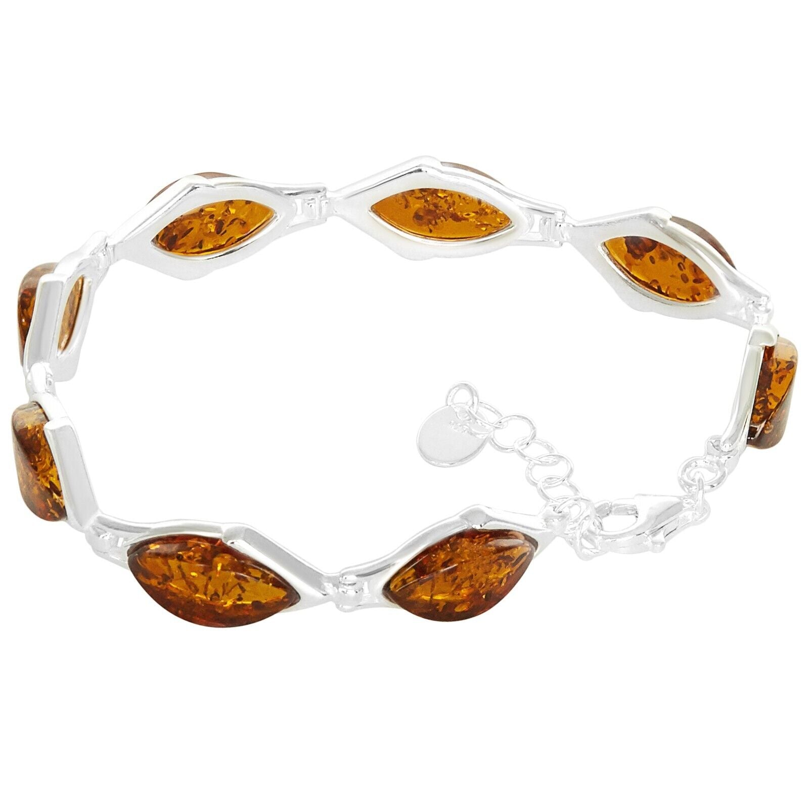 925 Sterling Silver Honey Baltic Amber Marquise Adjustable Bracelet 8 Inches