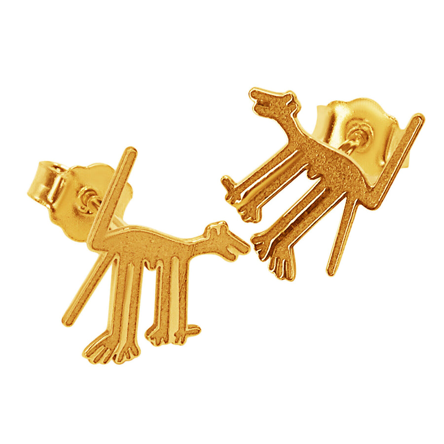 14k Solid Yellow Fine Gold Nazca Line Dog World Wonder Geoglyph Stud Earrings