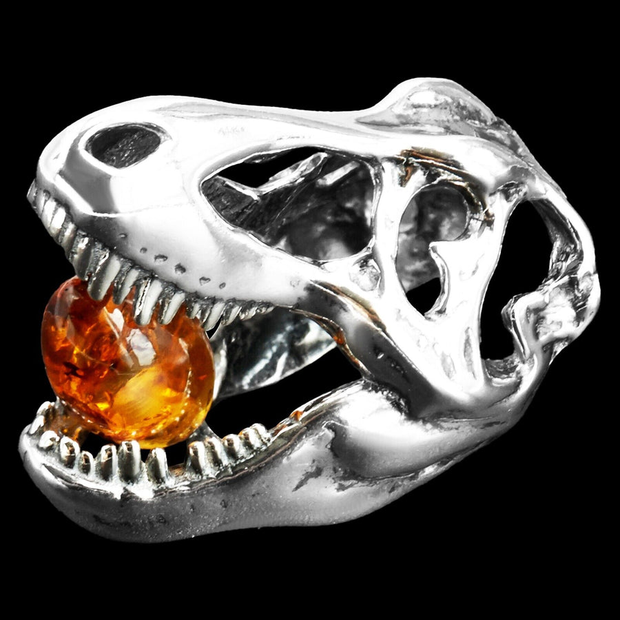 925 Solid Sterling Silver Honey Baltic Amber Jurassic Park T-Rex Slider Pendant