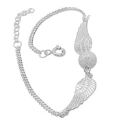 925 Solid Pure Sterling Silver Angel Wings Ball Curb Chain Bracelet 8 Inches