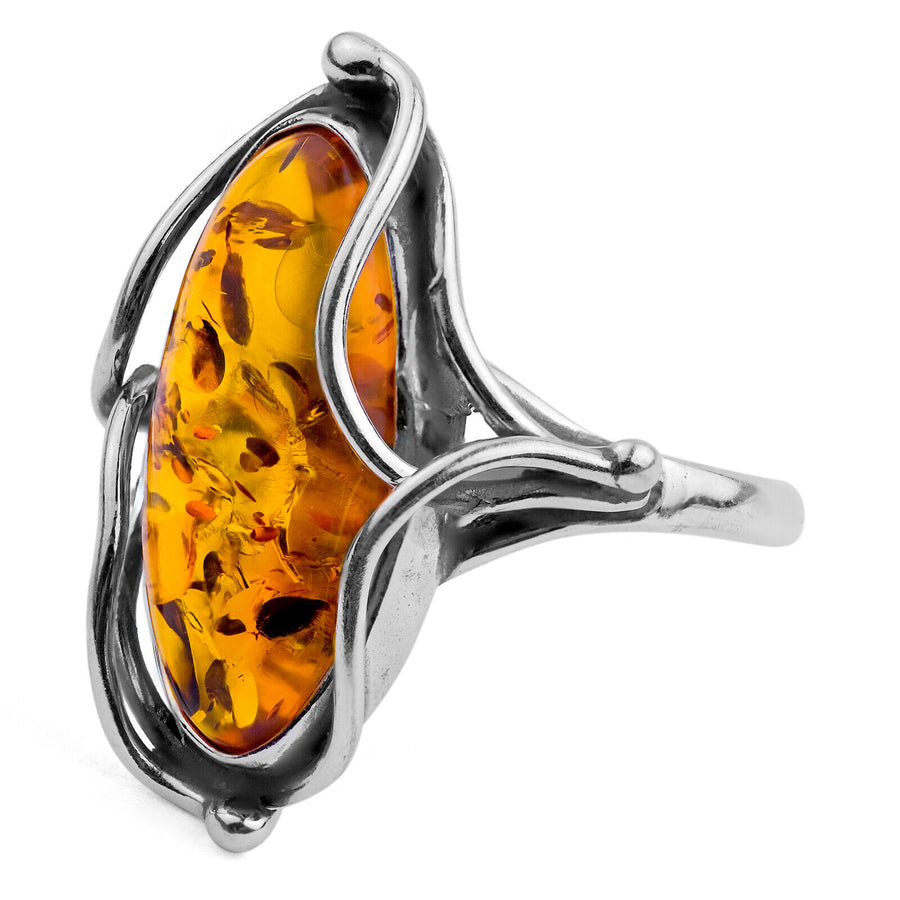 925 Solid Sterling Silver Honey Baltic Amber Oval Designer Classic Pretty Ring