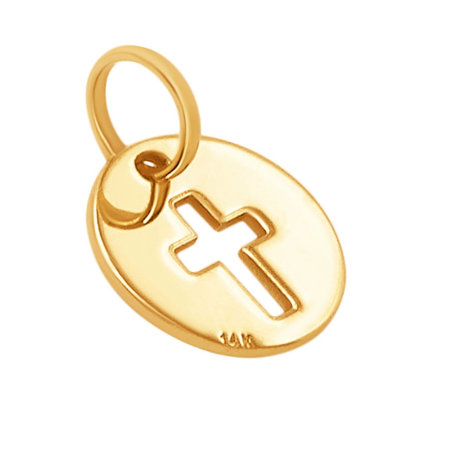 14k Solid Yellow Gold Cross Laser Cut Delicate Beautiful Round Charm Pendant