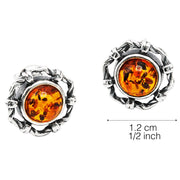 925 Solid Sterling Silver Honey Baltic Amber Round Classic Pretty Stud Earrings