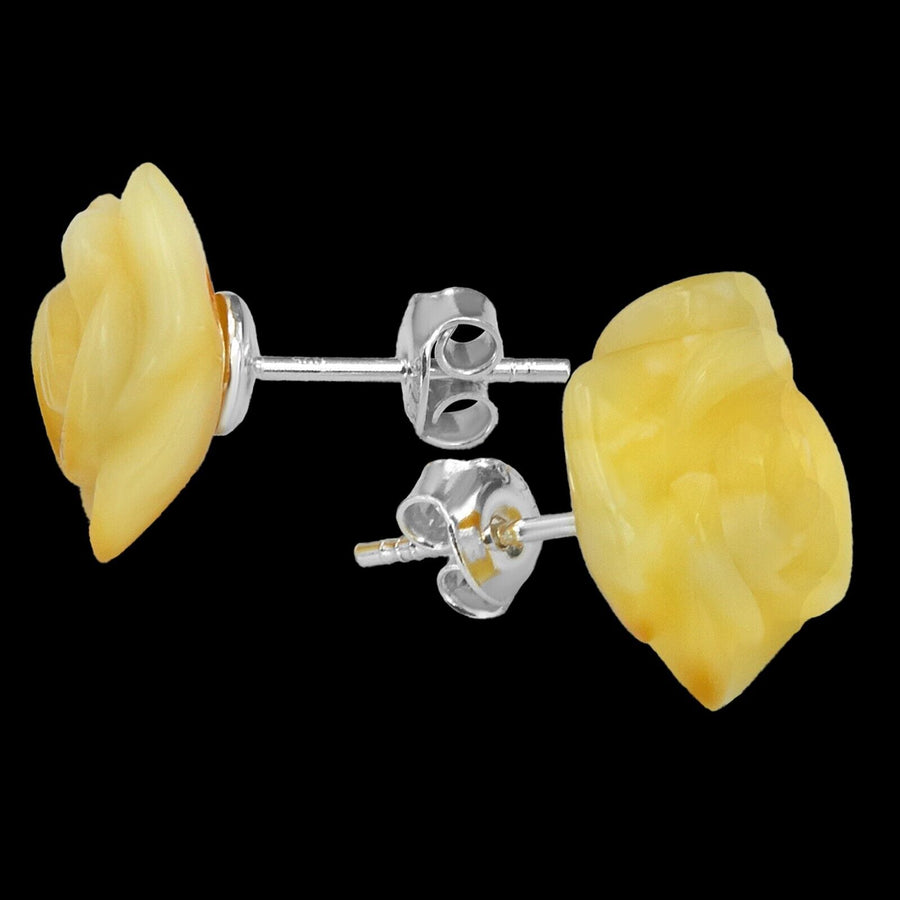925 Solid Sterling Silver Butterscotch Baltic Amber Designer Rose Stud Earrings