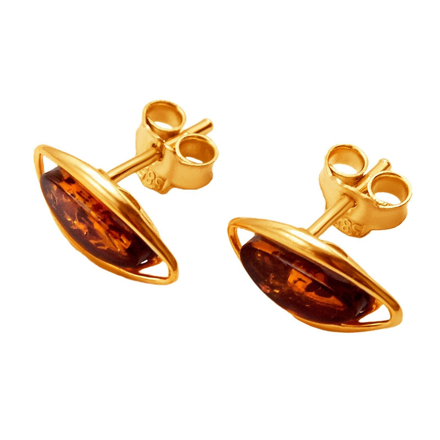 14k Pure Solid Yellow Gold Honey Baltic Amber Marquise Nice Small Stud Earrings