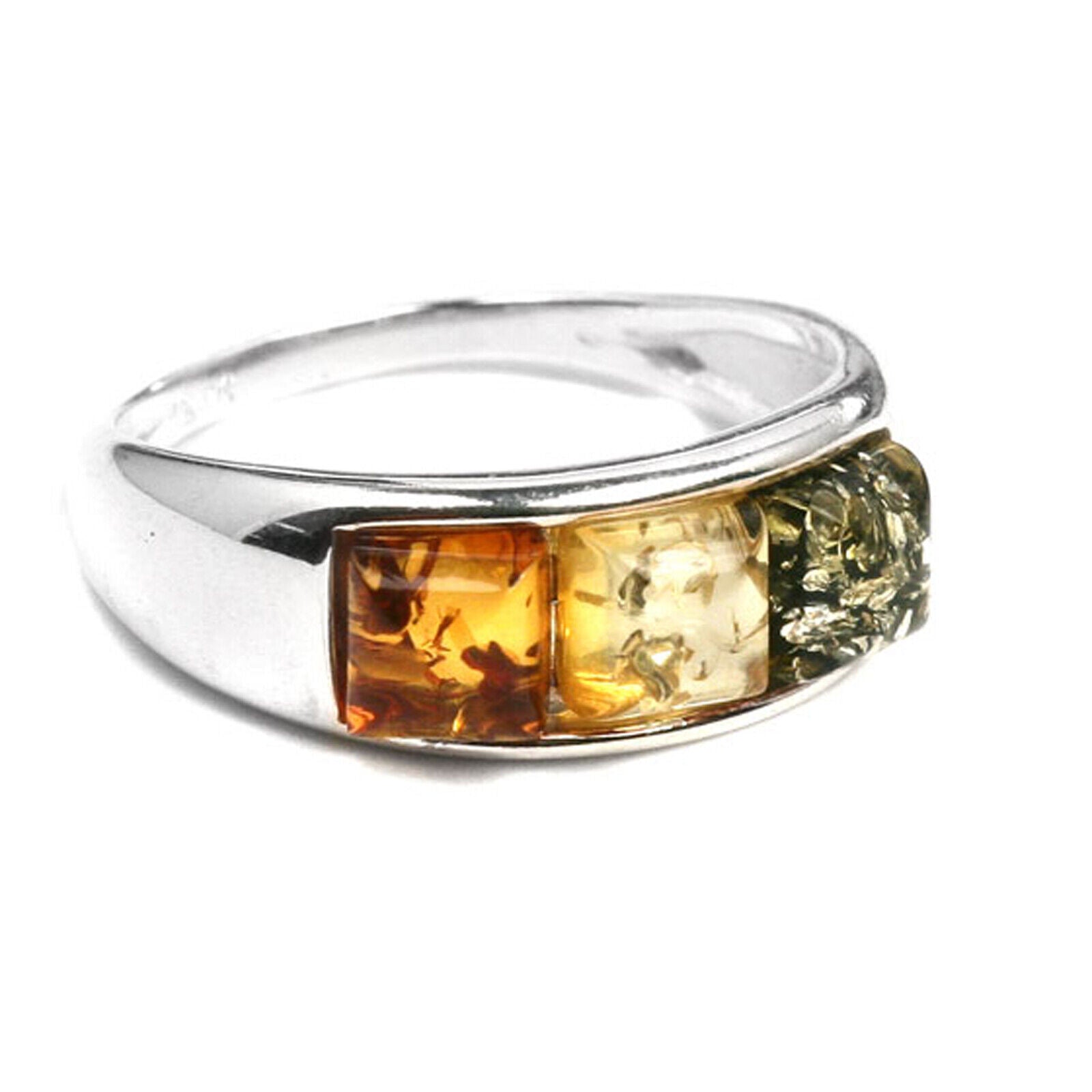 925 Solid Sterling Silver Multicolor Baltic Amber Square Designer Classic Ring