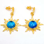925 Solid Gold Plated Sterling Silver Blue Amber Round Flaming Sun Nice Earrings