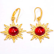 925 Solid Gold Plated Sterling Silver Red Amber Round Flaming Sun Nice Earrings