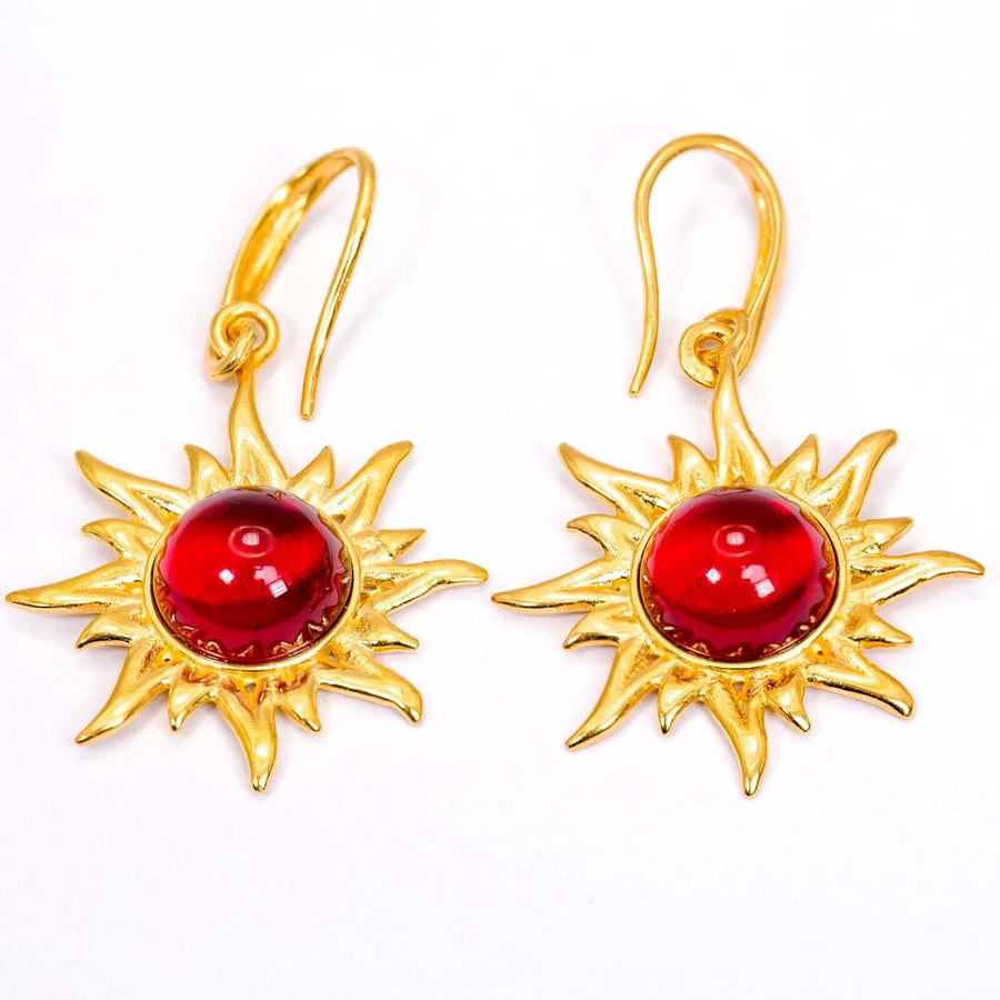925 Solid Gold Plated Sterling Silver Red Amber Round Flaming Sun Nice Earrings